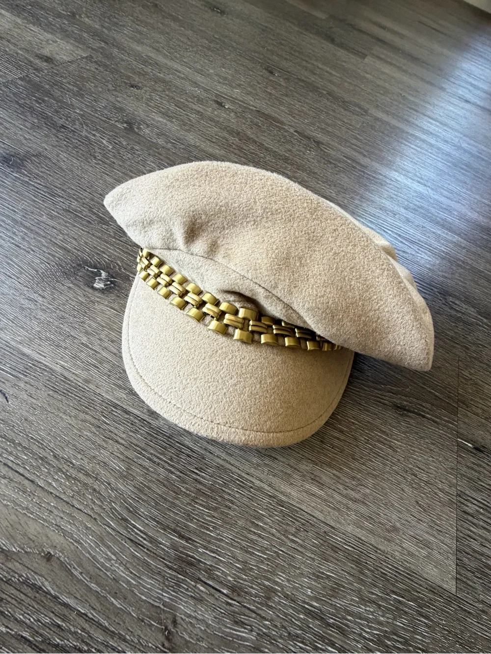 Helen Kaminski Beige Wool Blend Cap with Gold Chain Trim